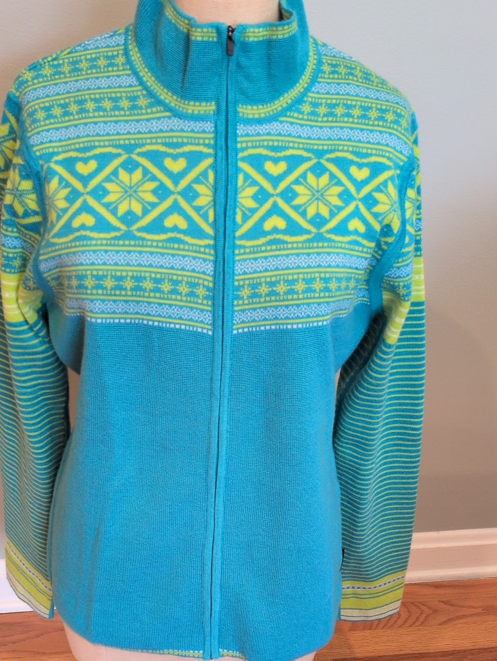 Vintage Obermeyer Ski Turquoise & Lime Fair Isle Zip-Up Sweater Large